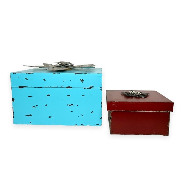Weathered Decorative‎ Boxes Teal Red Embellished Shabby Chic Rustic Lot of Two - Picture 2 of 12